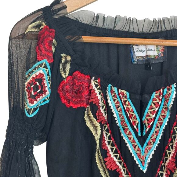 Vintage Collection Blouse Womens Small Embroidered Boho Tunic Top Festival Black - Picture 12 of 16